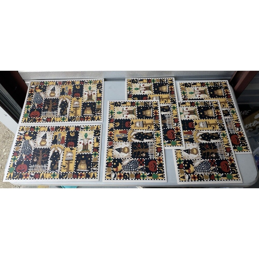 Debbie Mumm Halloween Vinyl Placemats Set 6 Folk Art Witch Frankenstein